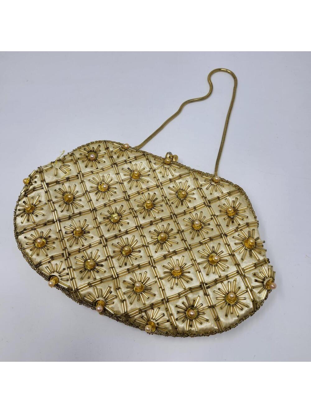 Vintage Beaded Evening Clutch Gold Hong Kong Purse Kisslock Chain 1960s - Picture 8 of 8